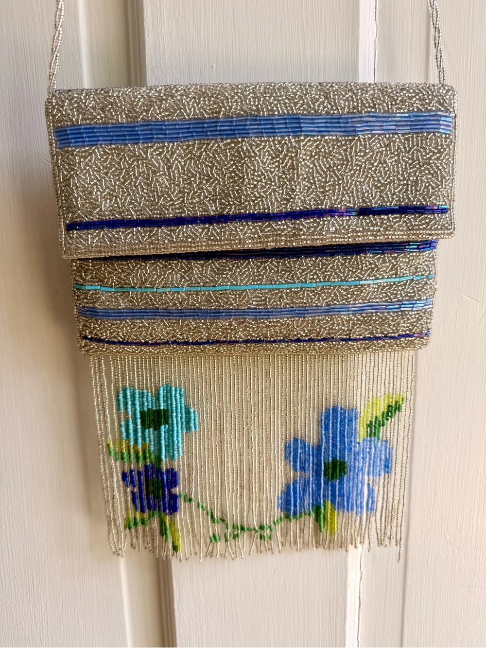 Beaded Floral Fringe Crossbody Bag in Silver and Blue